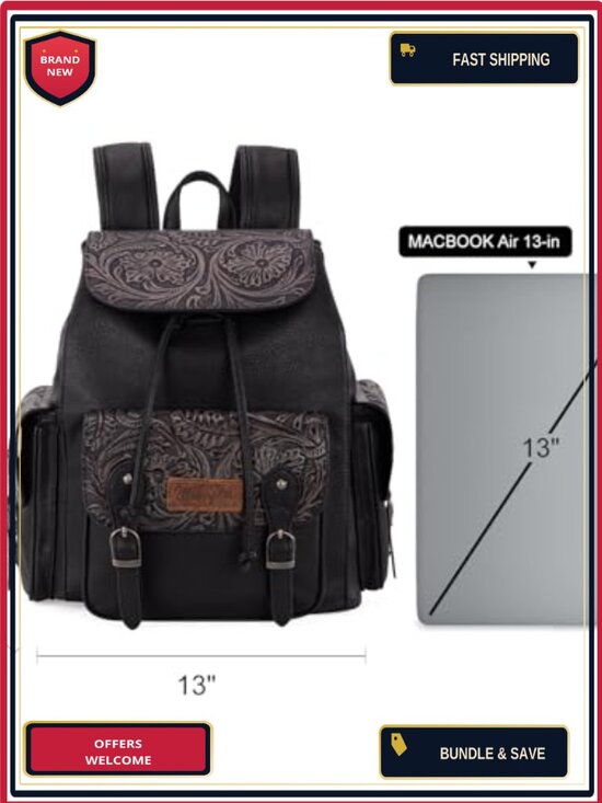 Western Floral Tooled Backpack Purse for Women - Faux Leather Laptop Travel Bag main image 6
